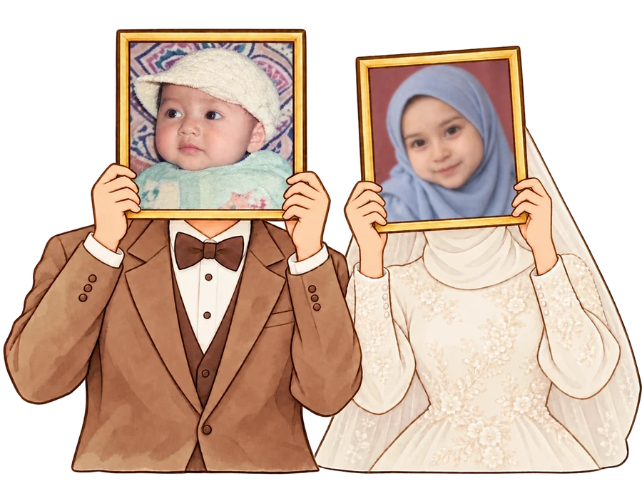 Ilustrasi pengantin pria berjas dan pengantin wanita berhijab serta bergaun lengan panjang, memegang bingkai foto masa kecil Iqbal dan Tias