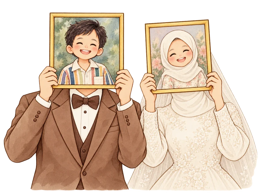 Ilustrasi pengantin pria berjas dan pengantin wanita berhijab serta bergaun lengan panjang, memegang bingkai ilustrasi masa kecil